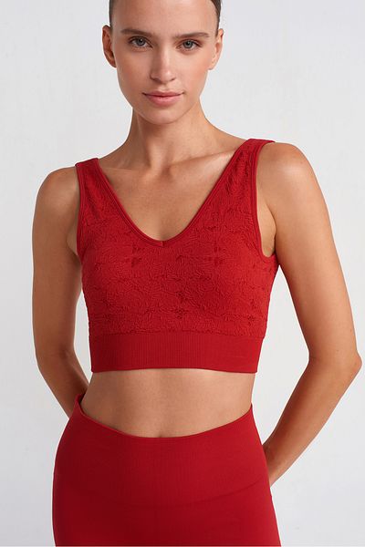 COMEUP Lace Look Padded V-Neck Sports Bra Red