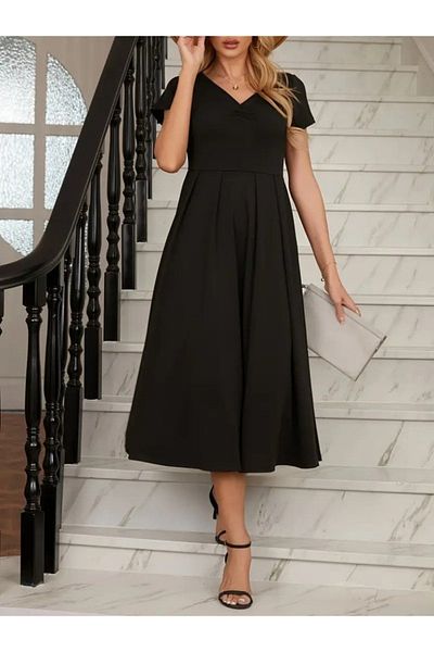 JANES Women's Short Sleeve V Neck Front Pleated Midi Crepe Fabric Summer Dress