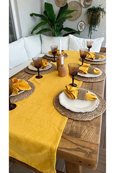 Decamor home Kadife Dokulu Dertsiz Leke Tutmaz Hardal Sarı Runner 1 ad