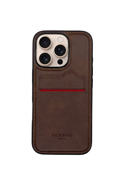 DESİNGSHOP IPhone 16 Pro Uyumlu Kartlıklı Lüx Deri Kılıf Koyu Kahverengi