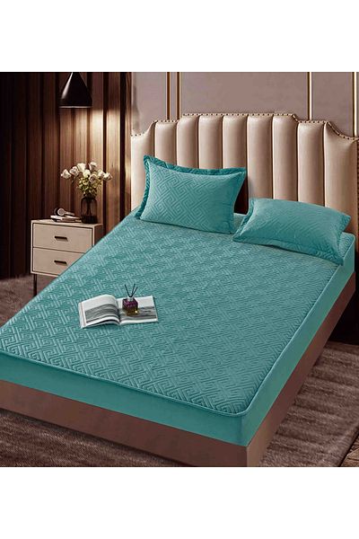CHIRASO Set Topper Pat CHIRASO, CATIFEA, ELASTIC 160x200+30cm și 2 Fețe de Pernă 50x70cm, turcoaz