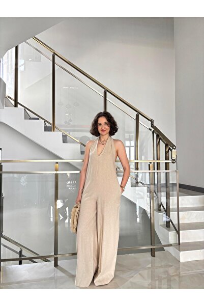 Sude Kızanlıklı Premium Sırt Dekolteli Keten Tulum