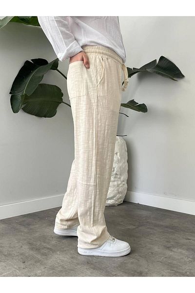 MODA Cream Waist Drawstring Baggy Pants
