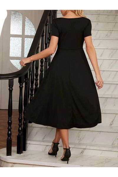 JANES Women's Short Sleeve V Neck Front Pleated Midi Crepe Fabric Summer Dress