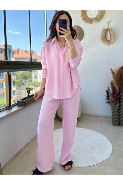 TUNAM BUTİK طقم قميص من قماش تنسل أيروبين باللون الوردي