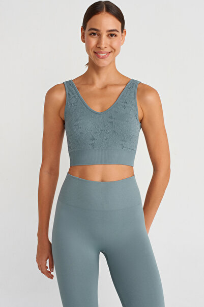 COMEUP Αθλητικό σουτιέν με λαιμόκοψη σε σχήμα V με επένδυση με εφέ δαντέλας, εμβληματικό μπλε