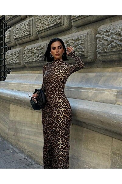 MODA    Women's Long Sleeve Turtleneck Gull Lycra Leopard Pattern Maxi Length Dress