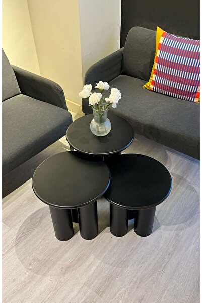kuppdesign Linen Mantar Yan Sehpa 3'lü Set Siyah