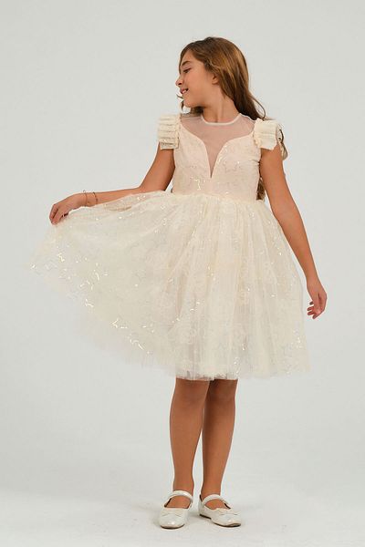 SUBU TASARIM Girls Tulle Detailed Evening Dress White Tbskvc1018