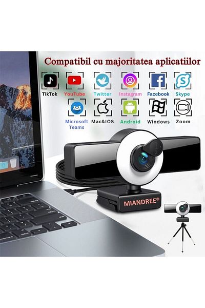 MIANDREE Camera Web, 4K Full HD, Auto-Focus, Microfon Dual Stereo, Lumina Reglabila, Unghi Vizualizare 120°