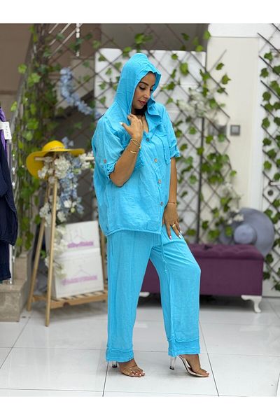 Punta Otantik Pt2256 Italian Hooded Linen Suit with Front Pocket Turquoise