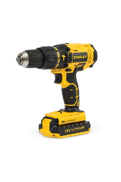 Stanley 18V 2-Lithium Ion Battery Cordless Hammer Drill Yellow and Black 13mm