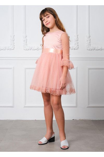 SUBU TASARIM Girls' Lace Long Sleeve Evening Dress Pink Tbskvc3006