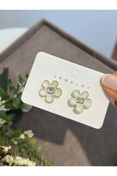 BEREN KILIÇ Steel Earrings with Flower Motif and Stone in the Middle