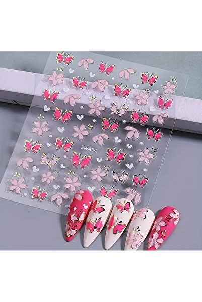 AEÇTASARIM 1 Adet Pembe Kelebekli Çiçekli Tırnak Süsleme Stickerı, Nail Art S...