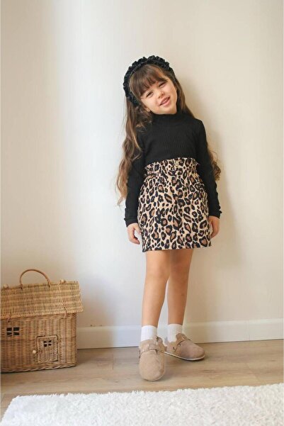 ArdenKids 3-10 Yaş Siyah Body & Leopar Etekli Takım