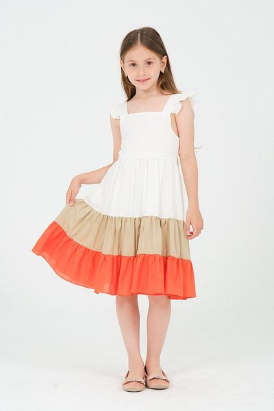 SUBU TASARIM Girls' Flounced Color Block Dress White Tbskvc1041