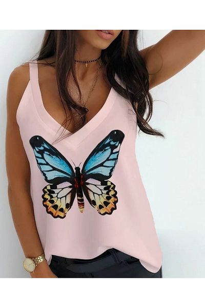 İpeksi Silky Women's Butterfly Printed Sandy Fabric Strap Blouse
