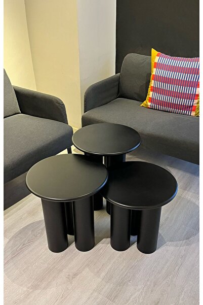 kuppdesign Linen Mantar Yan Sehpa 3'lü Set Siyah