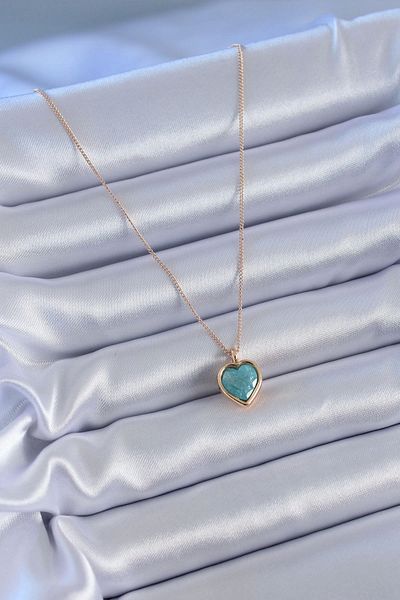 Clariss Gold Color Turquoise Color Glitter Heart Model Women's necklace