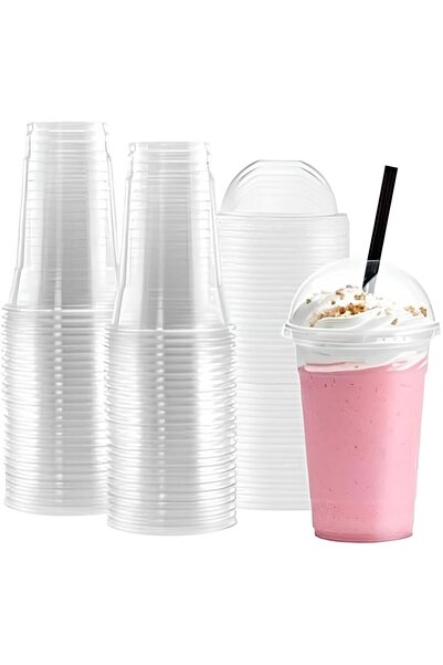 Partifest Plastik Şeffaf Bardak Kapaklı Milkshake Bardağı Kahve Bardağı Soğuk...