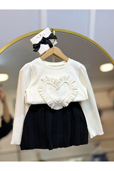 ArdenKids 2-8 Yaş Siyah Triko Etek & Kalp Detaylı Bluz Takım ( Ribbon Toka He...