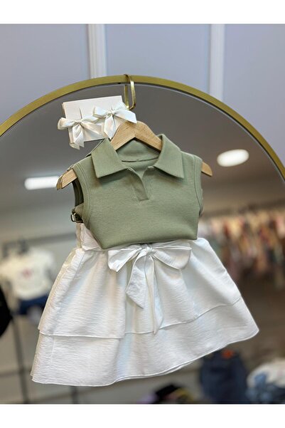 ArdenKids Çağla Yeşili Yaka Detaylı Body & Fiyonk Detaylı Etek ( Toka Hediyeli )