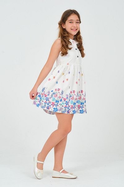 SUBU TASARIM Girls Floral Patterned Checkered Dress White Tbskvc1043