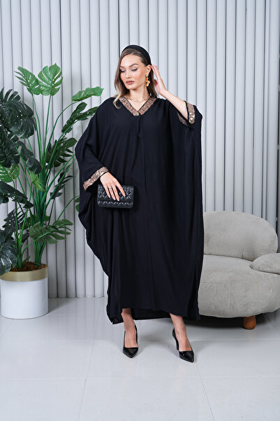 EL jadida Women's Sequin Embroidered Plus Size Viscose Long Dress Black