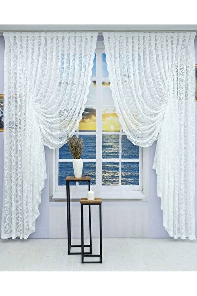 Ceylanlar perde Κουρτίνα από τούλι με δύο πτερύγια λευκό κισσό με κορδόνι