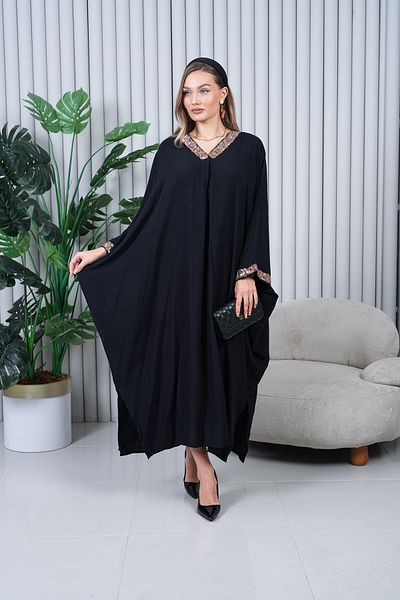 EL jadida Women's Sequin Embroidered Plus Size Viscose Long Dress Black