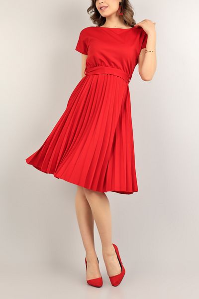 WOMAN VISION Women's Red Low Sleeve Belted Pleated Midi Dress Stylish Casual Model 120