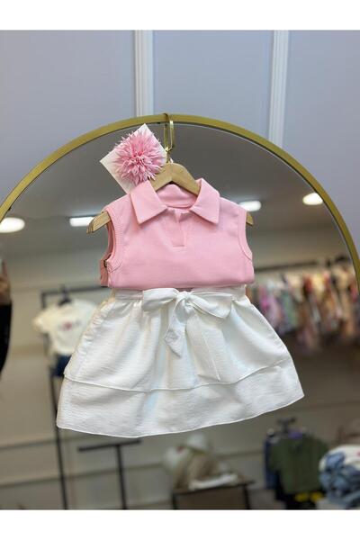 ArdenKids Pudra Yaka Detaylı Body & Fiyonk Detaylı Etek ( Toka Hediyeli )