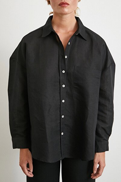 Never more Oversize Linen Shirt with Pockets Black