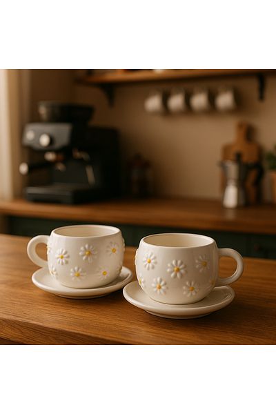 RGS HOMELİFE Set of 2 Ceramic Handmade Decorative Daisy Mug Cups