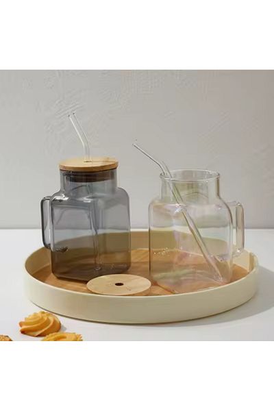 BKC HOME Bamboo Lid Glass Straw Mega Size Glass Mini Size Jug 650 ml