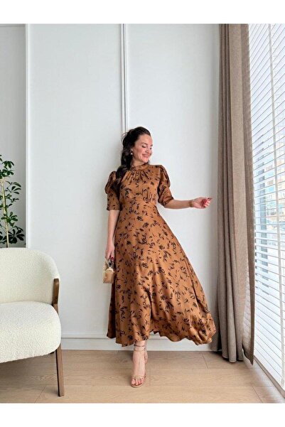 Wear Up فستان موكا بتفاصيل ربطة عنق عند الرقبة