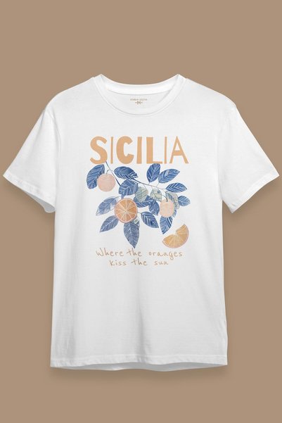 Kendim Seçtim تي شيرت أبيض للجنسين مطبوع عليه Oranges Kiss The Sun Sicilia Italy Italy Sicily Fruit Orange