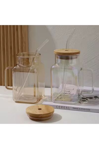 BKC HOME Bamboo Lid Glass Straw Mega Size Glass Mini Size Jug 650 ml