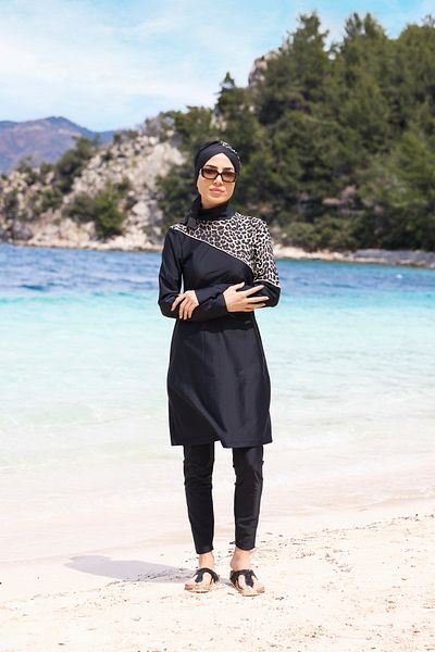 NS TASARIM MAYO Serengeti Leopard Model Shoulder Patterned Lycra Design Hijab Double Swimsuit Set