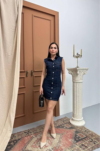 Neşeli Butik Women Sleeveless Button Mini Fit Denim Dress Nbnp009