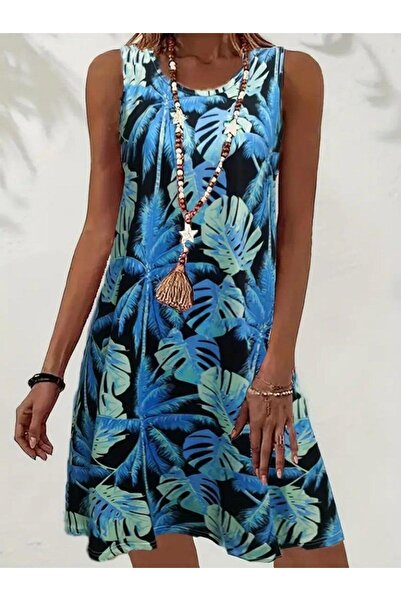 MODA55 فستان نسائي من الجيرسيه بحزام مطبوع عليه أوراق شجر زرقاء