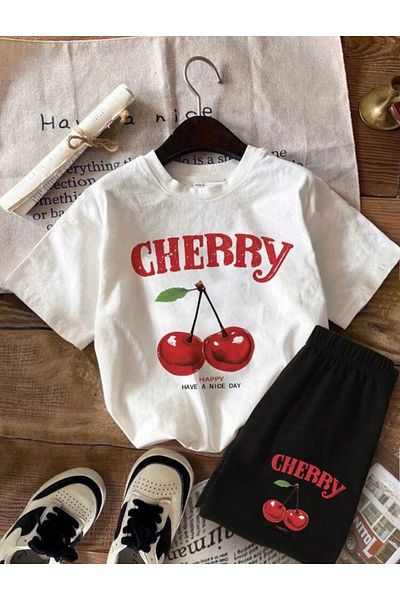 BYMEER Cherry Printed Black and White Bottom Top Shorts Suit