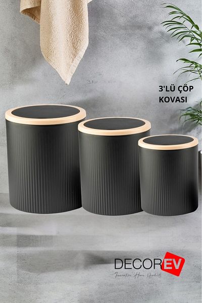 decorev Комплект кошчета за боклук за баня и кухня от 3 части с въртящ се капак – 7 л, 10 л, 15 л