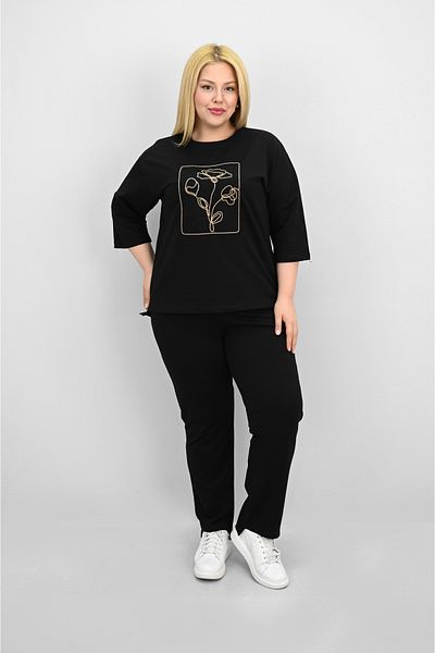 Koza Butik Women's Plus Size Short Sleeve Floral Embroidered Tracksuit Set 8199-25