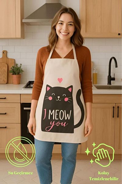 MODALİN I Meow You Kitchen Apron with Cat Pattern, Liquid Proof Cute Design