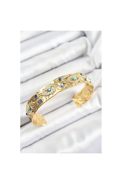 Skygo Brass Zircon Stone Blue Beaded Eye Model Gold Color Six Open Women's Bracelet - Tj-Bb7214