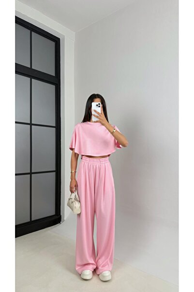 Gaus Pembe Crop Beli Lastikli Palazzo Eşofman İkili Modal Kumaş Takım Gaus00545