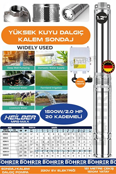 HEİLBER 2.0 HP 220V Kalem Dalgıç Su Motoru Pompa | 151m Derinlik -1510m Yatay...
