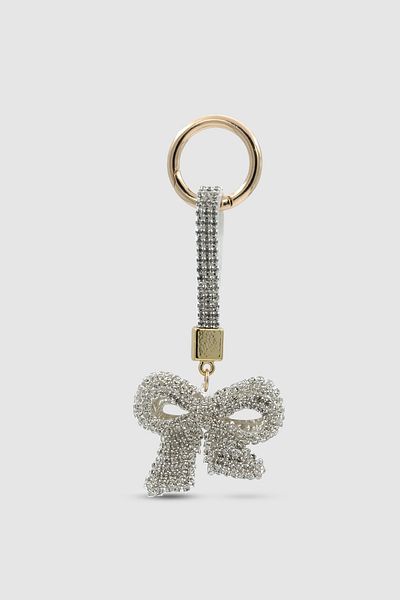 Wuclo Stone Decorated Shiny Bow Bag Charm Silver